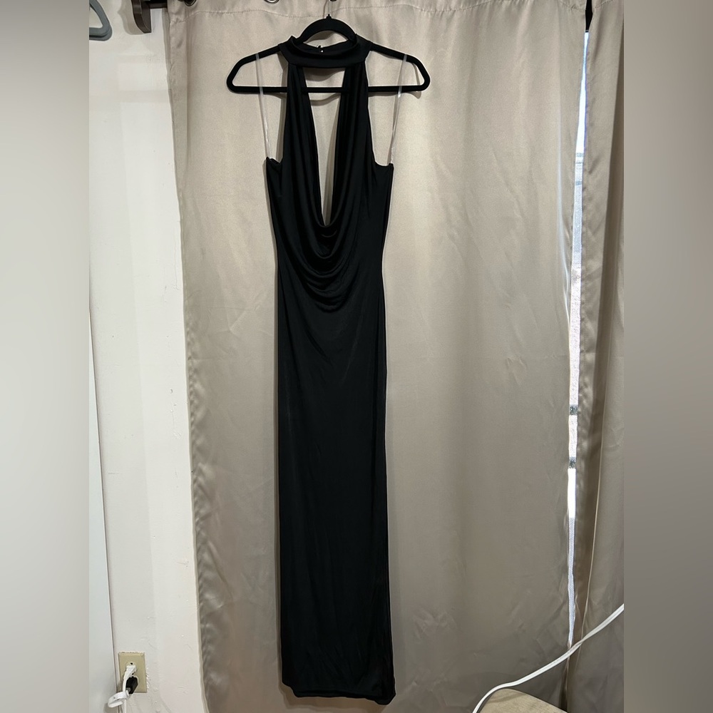 Slip Dress Sleeveless Halter Low Cut Cowl Neck Formal Black O-Back Tie Up Maxi